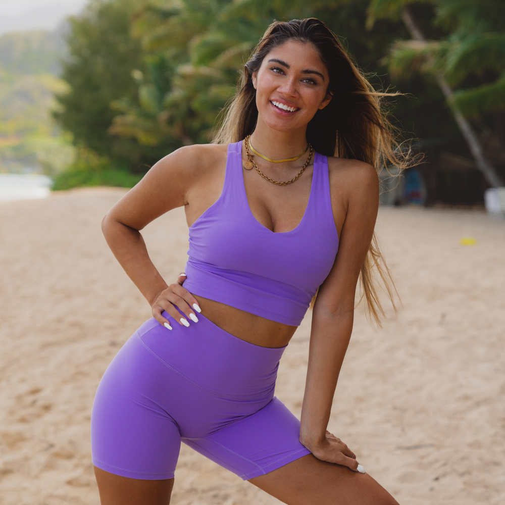 Sweat proof purple shorts for heavy workout