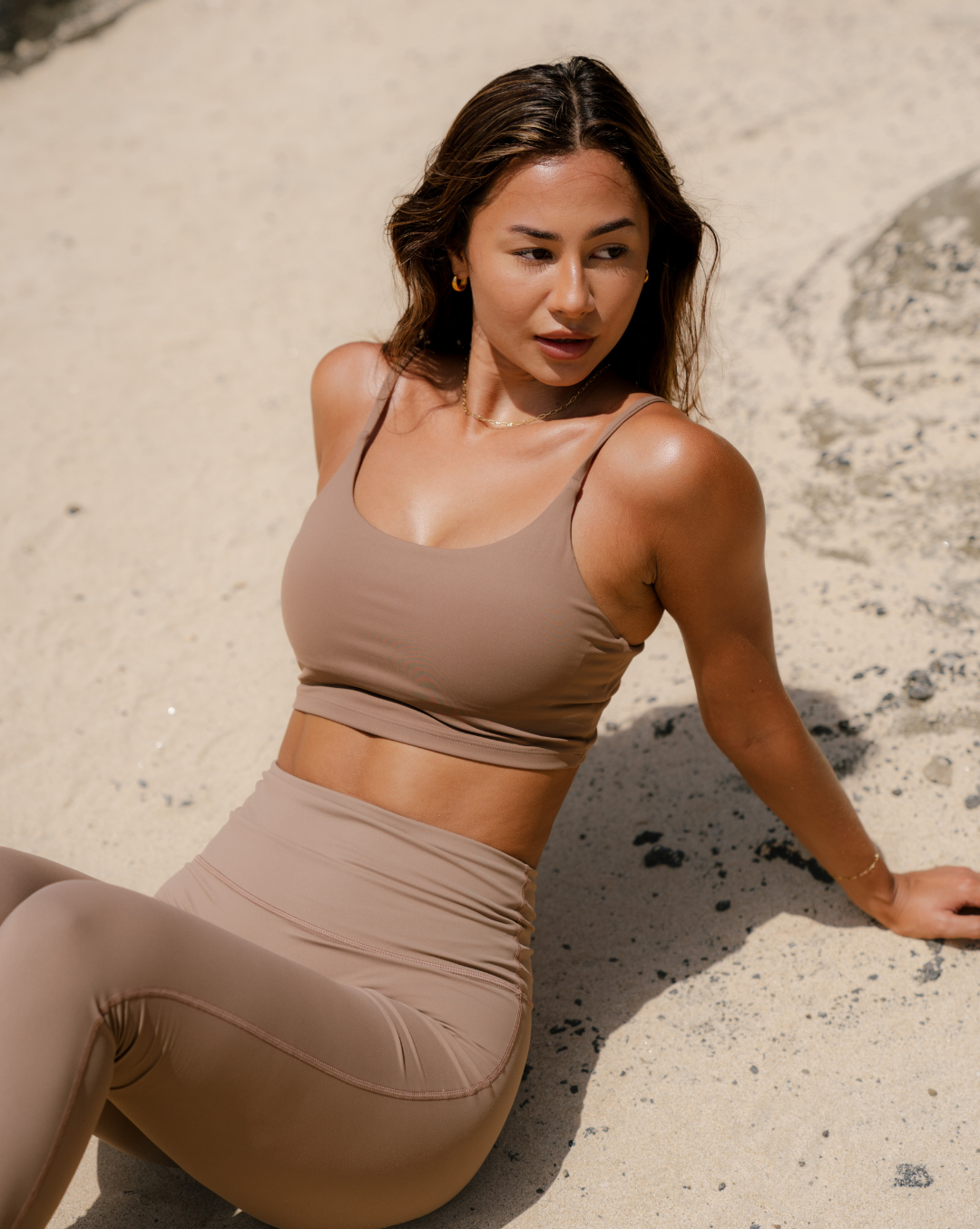 Mindful fitness practice with stylish nude activewear