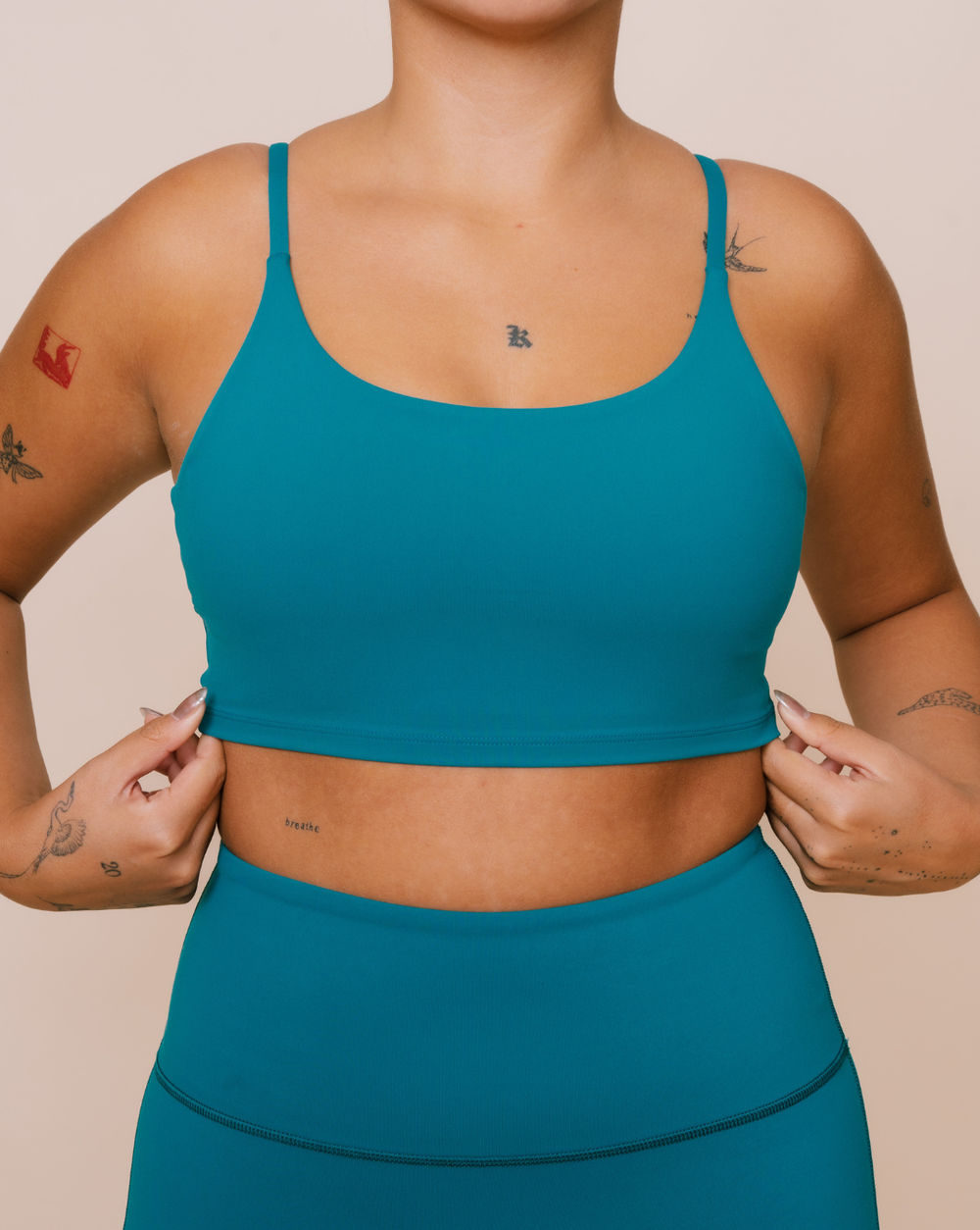Teal green yoga attire for all body types